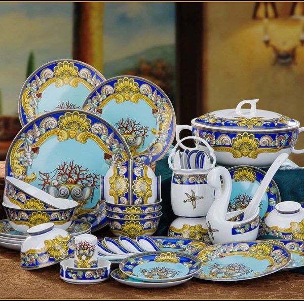 Luxury European Royal Style Blue Ocean Hand Made Fine Porcelain Dinner Set For 10 Person Fashion