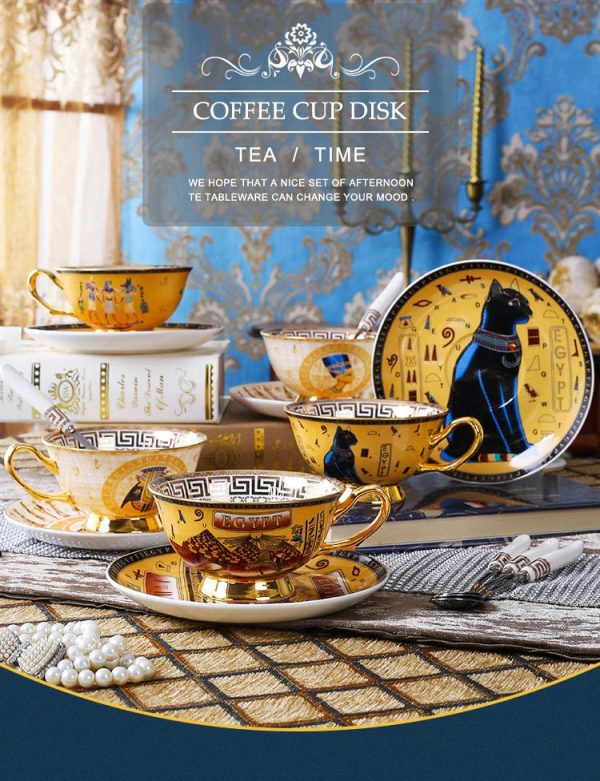 Porcelain Coffee or Tea Cup Gold Plated Legends of Egypt with Saucer and Spoon 24 Karat Gold Plated For Discount