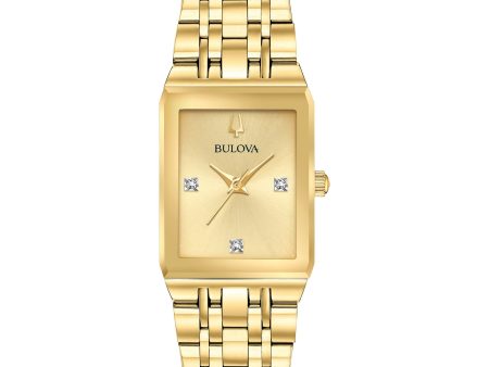 Bulova Quadra Gold Dial Diamond Rectangular Steel Watch on Sale