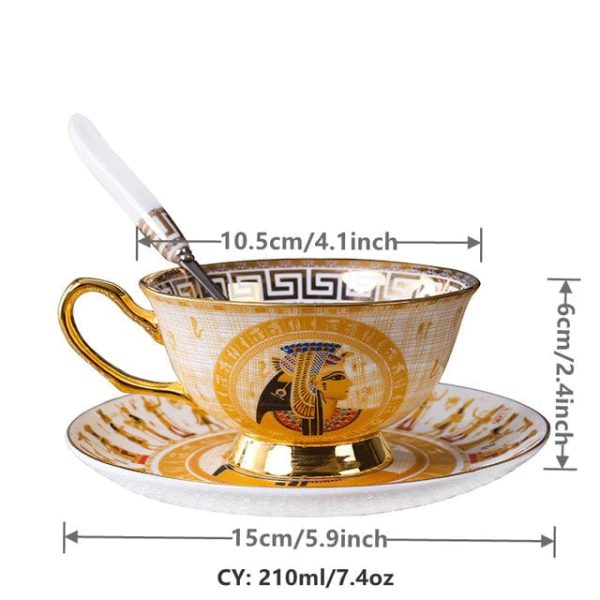 Porcelain Coffee or Tea Cup Gold Plated Legends of Egypt with Saucer and Spoon 24 Karat Gold Plated For Discount