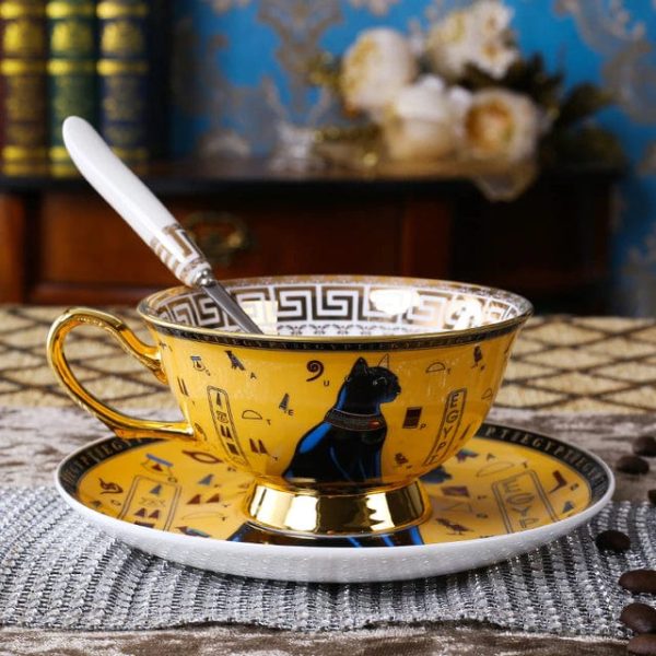 Porcelain Coffee or Tea Cup Gold Plated Legends of Egypt with Saucer and Spoon 24 Karat Gold Plated For Discount