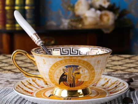 Porcelain Coffee or Tea Cup Gold Plated Legends of Egypt with Saucer and Spoon 24 Karat Gold Plated For Discount