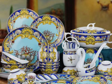 Luxury European Royal Style Blue Ocean Hand Made Fine Porcelain Dinner Set For 10 Person Fashion